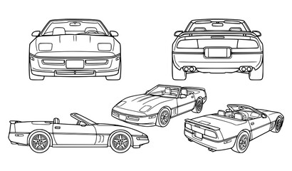 Obraz premium Vintage Coupe Convertible Sports Car Outline Vector Set with Five Views 1980s 1990s Technical Doodle Sketch