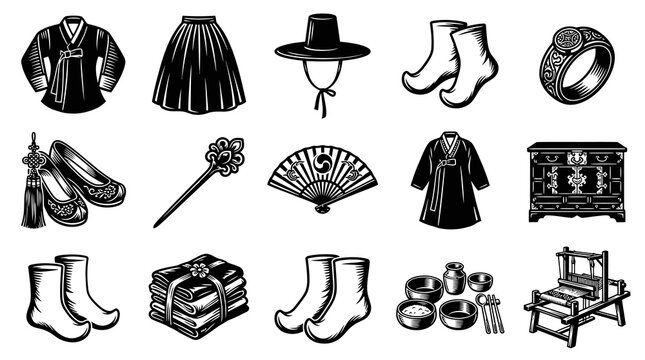 Traditional Korean Culture Monochrome Line Art Set: Hanbok, Accessories, and Historic Artifacts Icons
