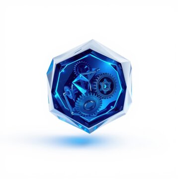 Hexagonal glowing emblem. Complex internal mechanism visible, featuring gears, circuits, futuristic design. Blue illumination dominates image.