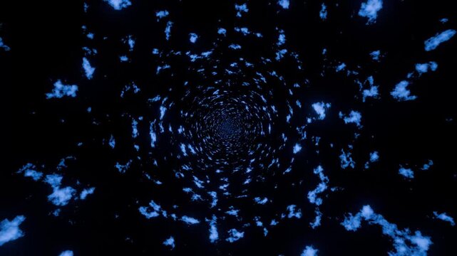 Deep space cloud tunnel portal. Flying through abstract blue nebula dust in black background.