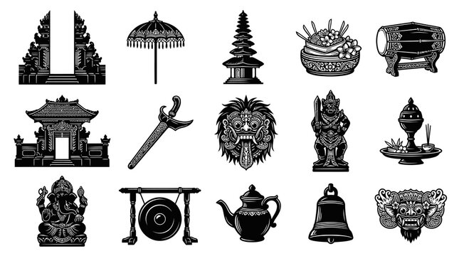 Balinese Culture and Religion Icons Set in Engraving Style. Traditional Indonesian Travel Symbols and Heritage Elements Vector.