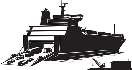 Obraz premium Cargo ship, vehicle transport, black and white illustration, industrial maritime