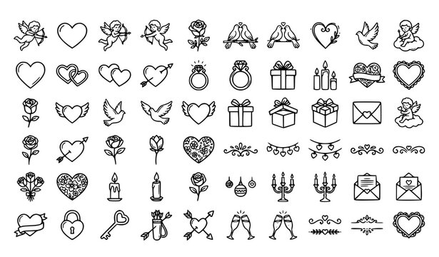 Romantic Valentines Day cherub and heart icon vector set with Cupid angels floral love symbols isolated on white background