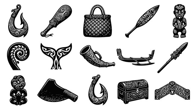 Maori Culture Traditional Symbols and Artifacts Set - Detailed Black and White Hand-Drawn Illustrations.