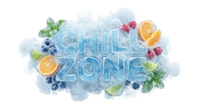 Frozen fruit and ice concept with 'chill zone' text