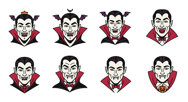 Eight cartoon vampire portraits with varied expressions and accessories.
