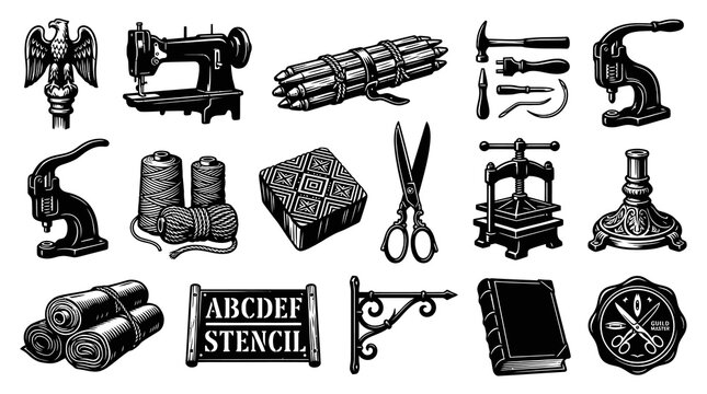 Black and White Vector Icons of Traditional Craftsmanship Tools and Materials