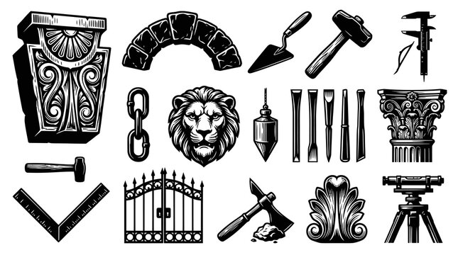 Black and White Masonic Symbols, Tools, and Lion Head Vector Art