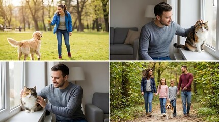 Plakat People interacting with pets and family outdoors and indoors