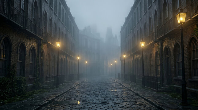 19th Century Victorian London Cobblestone Street in Fog
