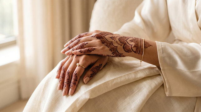Close up of intricate henna mehndi designs on woman's hands wearing traditional gold jewelry