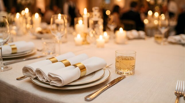 Elegant dinner table setting with white napkins and candles at a wedding