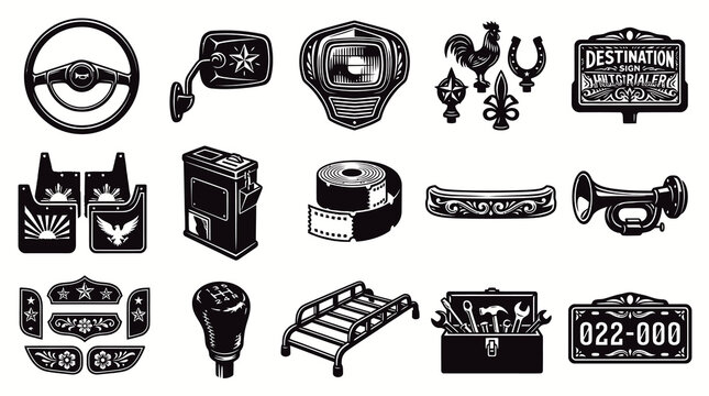 Black and White Vector Icons of Automotive Accessories and Tools, Retro Style