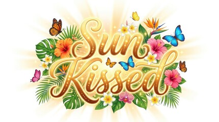 Fototapeta premium Sun kissed typography with tropical flowers and butterflies
