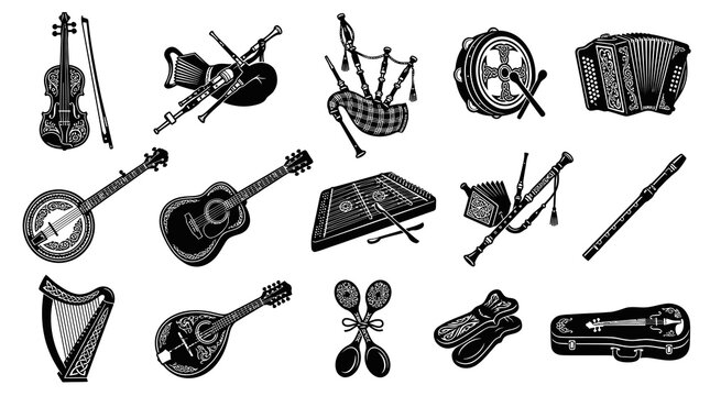 Irish Celtic Traditional Folk Musical Instruments Engraved Vector Set Black and White Illustration