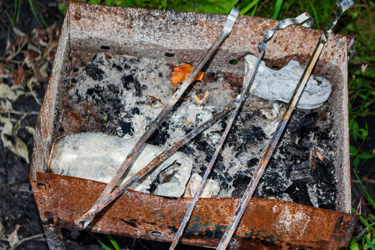 Discarded rusty disposable grill filled with metal skewers and scattered trash left behind in the grass, environmental pollution from irresponsible recreation in nature
