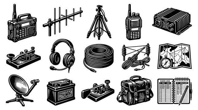 Black and White Illustration of Amateur Radio Equipment and Accessories