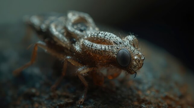 Macro Close Up of Orange Springtail Insect Walking on Rocky Ground