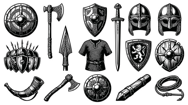 Historical Viking and Medieval Warfare Armor, Weapons, and Shields. Engraving Style Black  White Illustration Set.