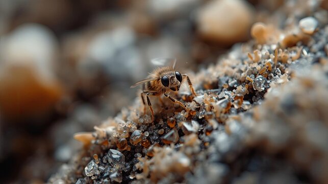 Macro Close Up of Orange Springtail Insect Walking on Rocky Ground