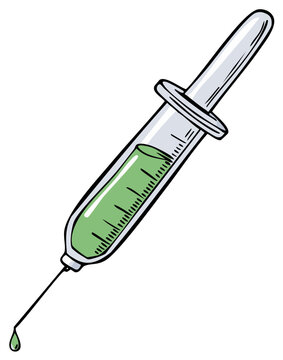 Illustration of glass eyedropper with green liquid inside for medicine experiment or beauty serum