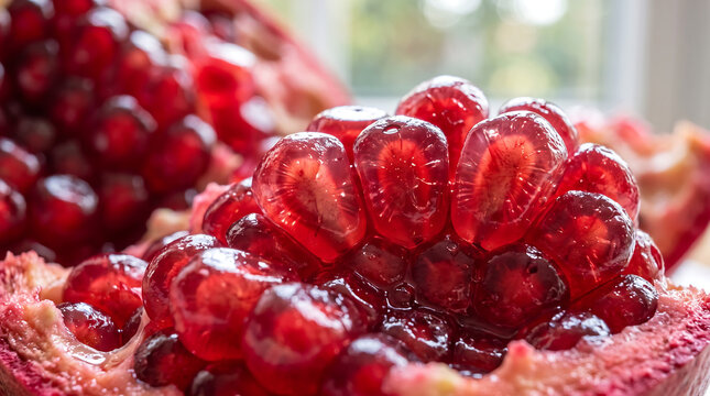 Extreme close-up of fresh ripe pomegranate seeds with juicy droplets in natural light