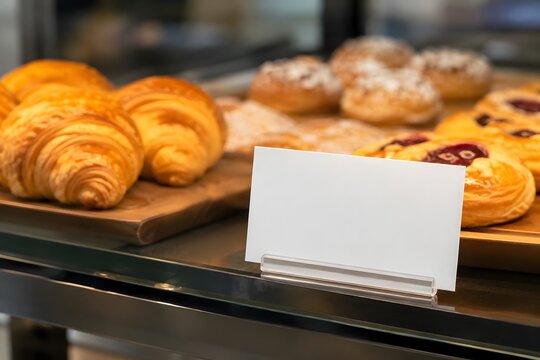 Blank Bakery Price Card Mockup in Pastry Display Case with Croissants and Danish Pastries