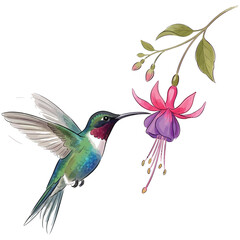 Hummingbird hovering to drink nectar from a colorful fuchsia flower © IMAM