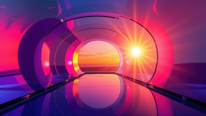 Fototapeta premium Futuristic tunnel reflects vibrant sunset. Bright light radiates from distant horizon. Smooth curves create dynamic perspective.
