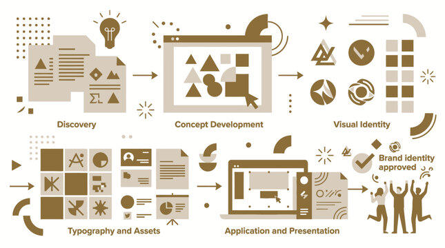 Brand Identity Design Process Infographic with Discovery Concept Development Visual Identity and Typography Steps