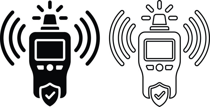 Vector icon set features a handheld radiation detector and EMF sensor meter with a safety shield and signal alert, presented in both solid silhouette and line outline styles.