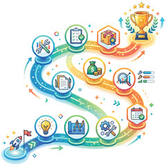Naklejka premium Project management workflow roadmap with business icons and success trophy