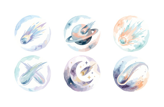 Watercolor Comet and Celestial Cosmic Icon Set, Round Astronomy Graphic Elements
