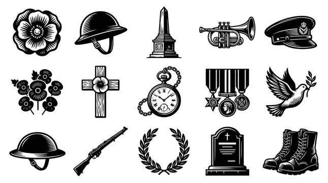 Vintage Military Remembrance Vector Icons Set. Black and White War Memorial Symbols and Veterans Day Monochrome Illustration.