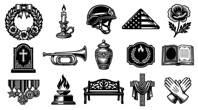 Memorial Day, Funeral, and Veterans Remembrance Symbols Set