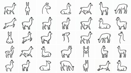Collection of line art icons representing llamas in various poses and activities. © handaka