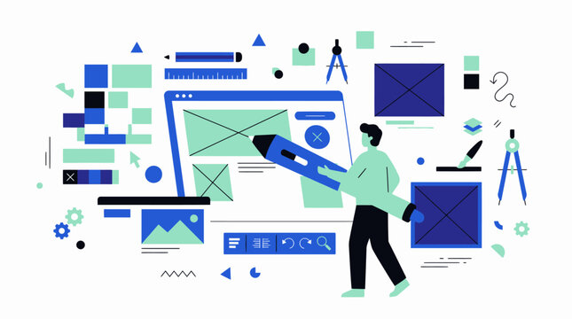 Man Designing Website Layout with Giant Pencil and Creative Graphic Tools Icons