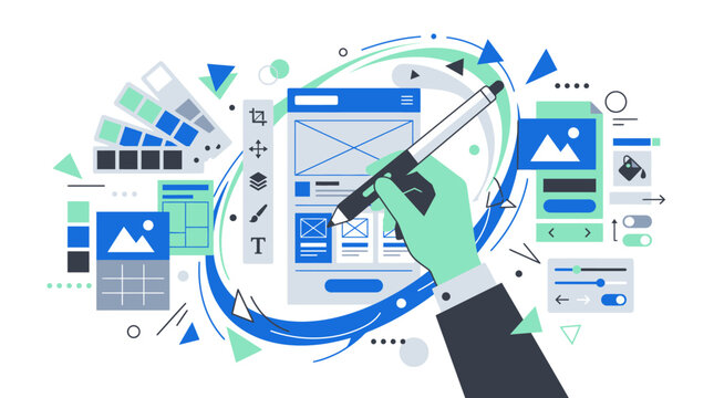 Hand Drawing Website User Interface Design with Creative Tools and Color Palette Icons