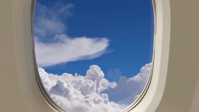 static view of airplane window showing sky and clouds through glass and metal in relaxed, serene aircraft interior perspective looking out through windows with blue and white tones.