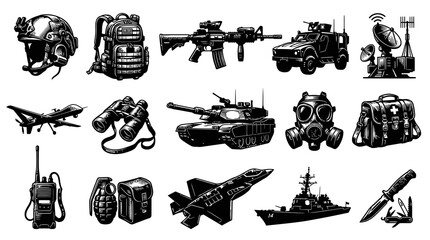 Obraz premium Hand-Drawn Black and White Military Equipment Line Art Set of Tactical Gear, Weapons, and Vehicles
