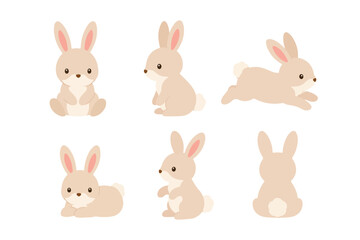 Fototapeta premium Cute rabbit character poses set flat vector illustration bundle for kids sticker and nursery design