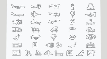 A collection of aviation and airport-related icons, featuring various aircraft, airport facilities, and related equipment in a clean, line-art style. © handaka