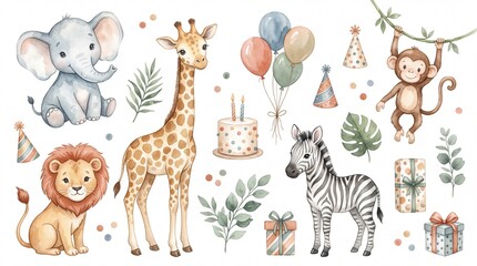 Fototapeta premium Watercolor safari animals birthday set, cute jungle animal illustrations with cake and balloons, nursery safari clipart collection
