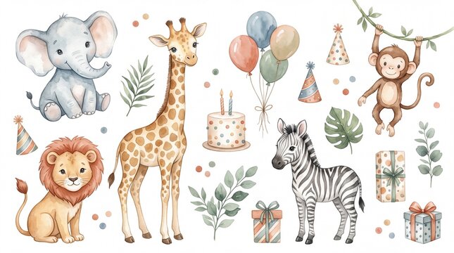 Watercolor safari animals birthday set, cute jungle animal illustrations with cake and balloons, nursery safari clipart collection