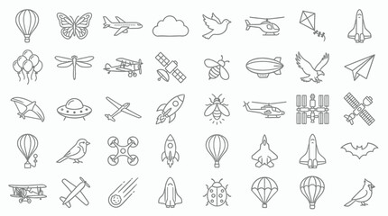 Collection of outline icons representing various forms of flight and airborne objects. © handaka