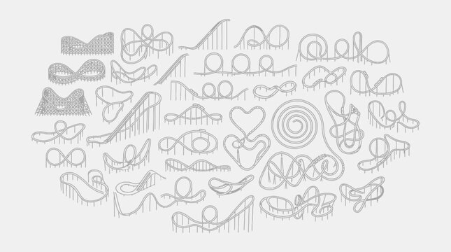 Collection of various roller coaster designs and track layouts, isolated on a light grey background.