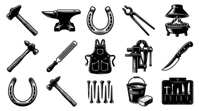 Blacksmith and Farrier Tools Set. Vintage Metalworking Shop Equipment Black  White Line Art Icons.