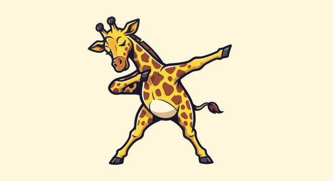 Vector illustration of a cartoon giraffe performing a dabbing dance pose, featuring bold outlines and traditional spots, isolated on a clean cream-colored background.