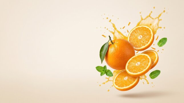 Vibrant oranges falling into a splash of fresh orange juice with...