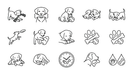 Cute Puppy Dog Icons: Playing, Sleeping, Chewing, and Bone Graphics Set © Susu